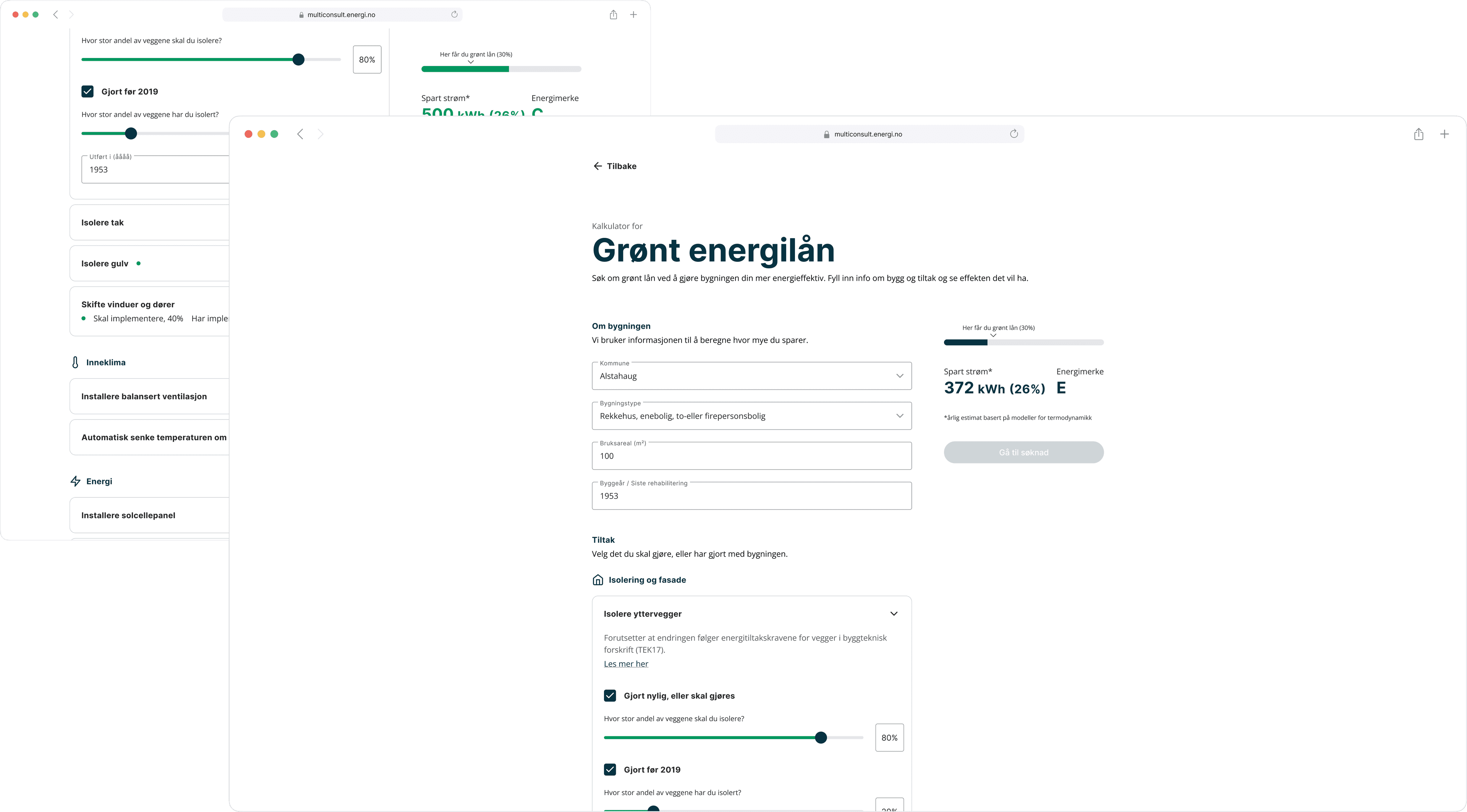 To nettleservinduer som viser energikalkulatoren: en hvit side med avkrysningsbokser og en fremdriftslinje som viser besparelsen.