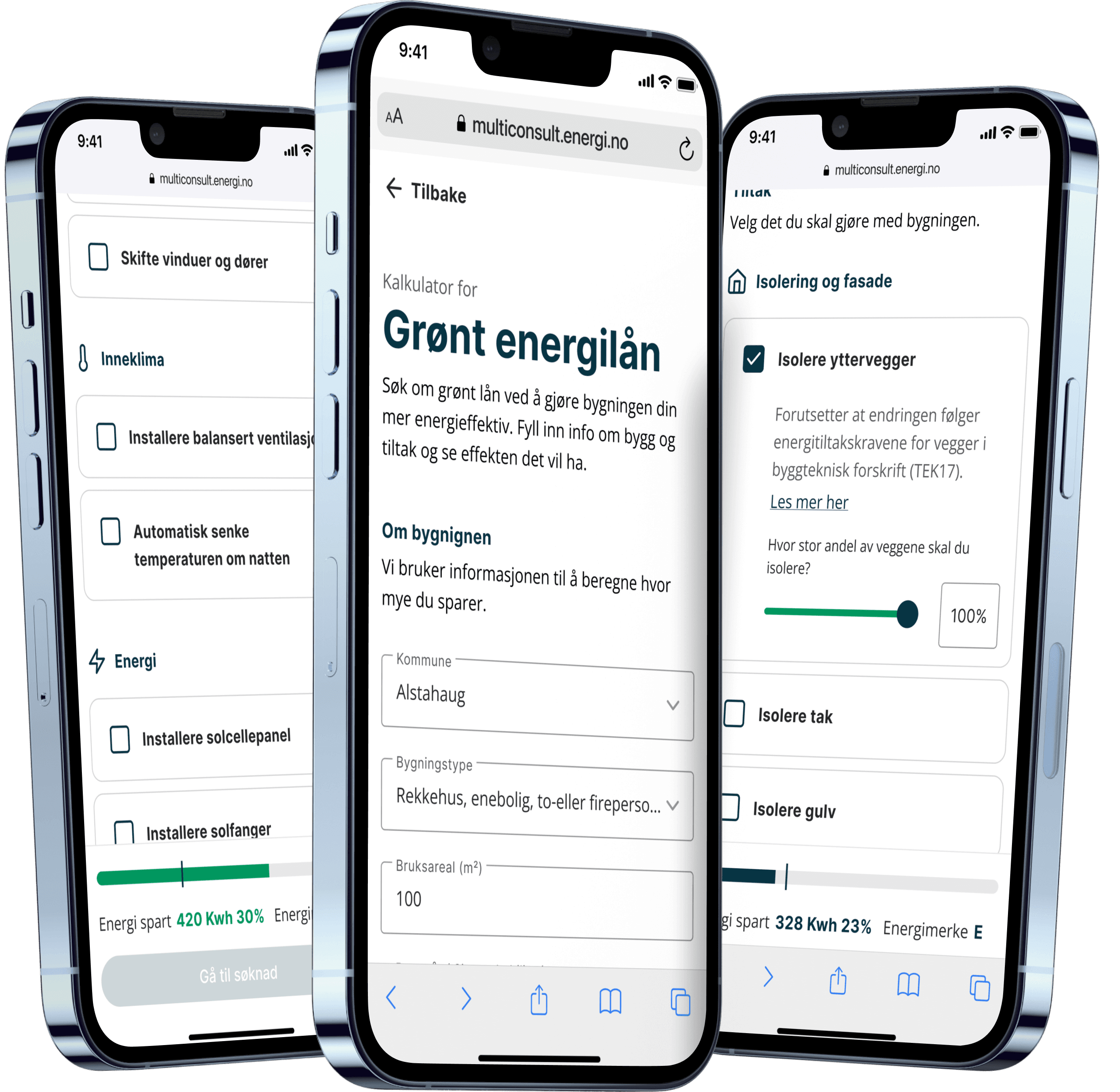Tre iPhoner som viser energikalkulatoren med avkrysningsbokser og en fremdriftslinje.