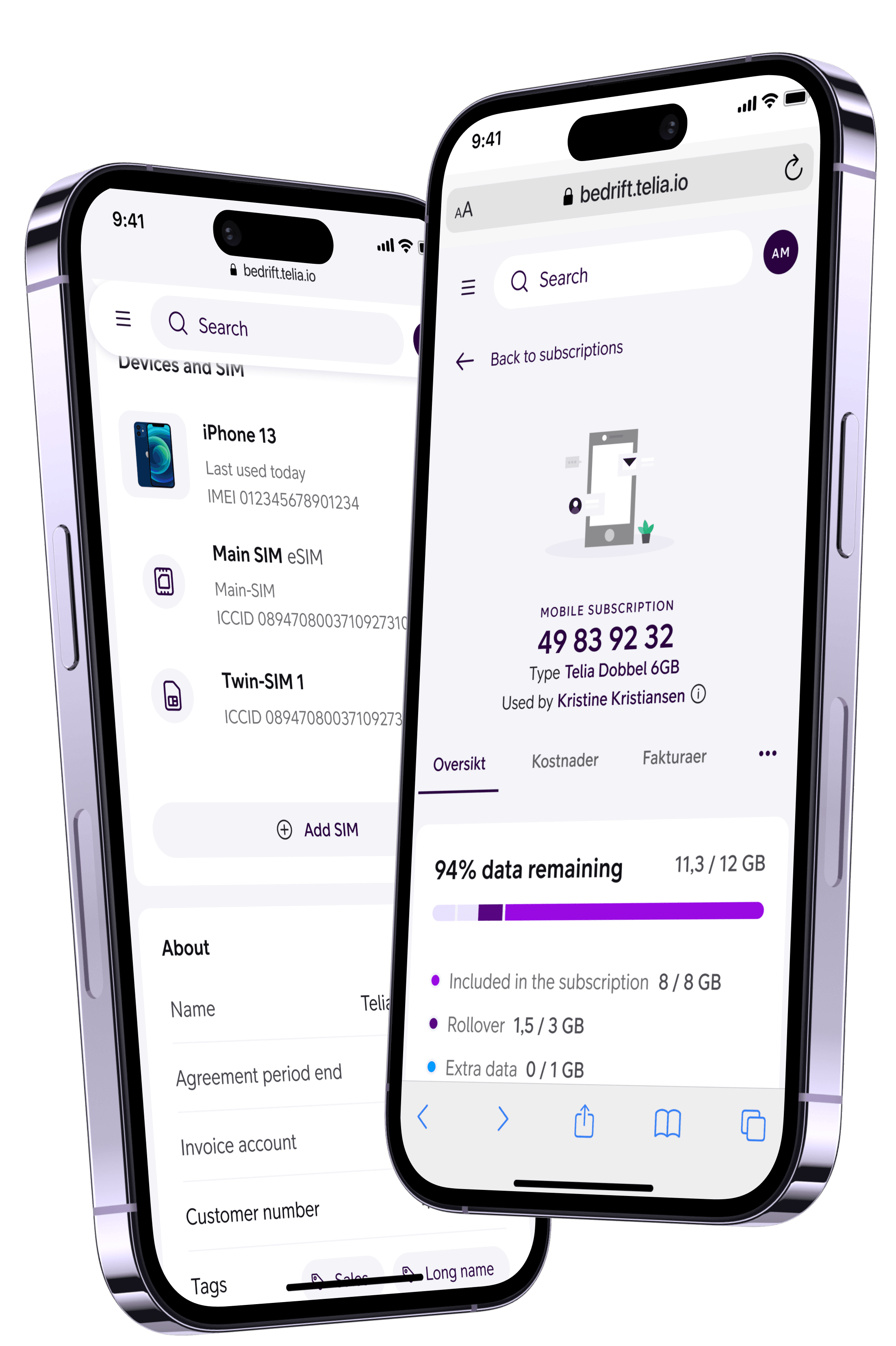 To iPhoner som viser Min Bedrift-appen med mobilabonnementer.